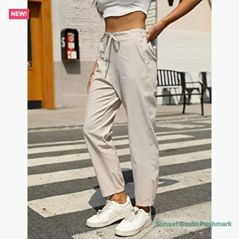 Linen Tapered Pants High Waisted Drawstring Casual Joggers - Picture 2 of 7